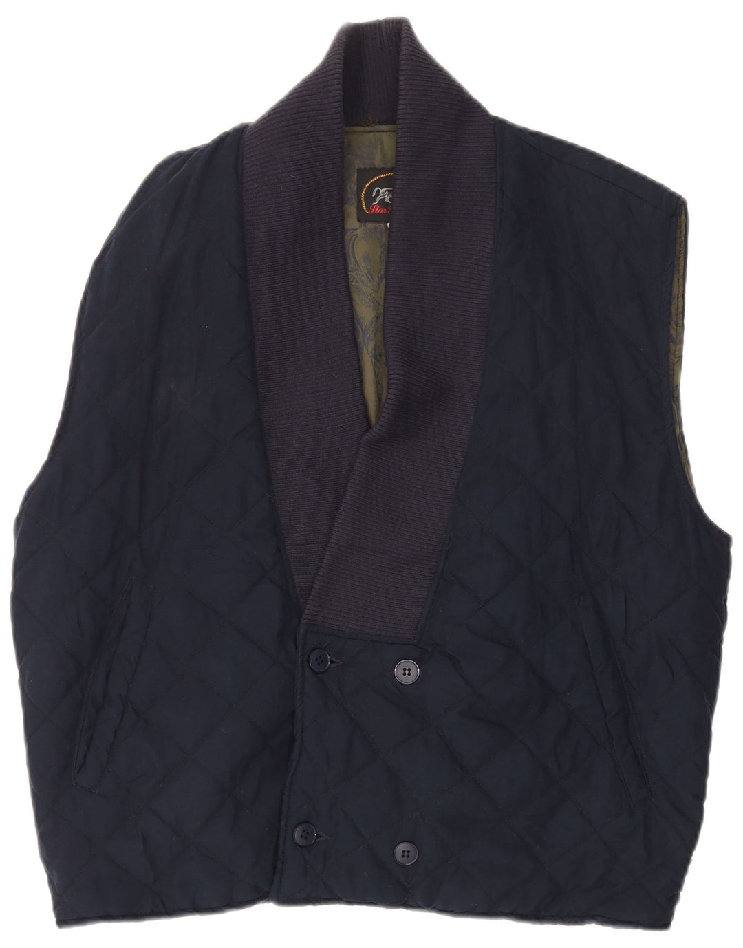 Gilet trapuntato doppio petto da uomo vintage UK 40 grande poliestere blu navy