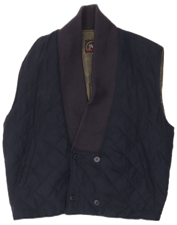Gilet trapuntato doppio petto da uomo vintage UK 40 grande poliestere blu navy