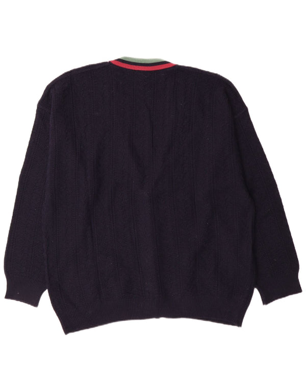 White Stuff Mens Cardigan Sweater Medium Navy Blue Striped Wool Classic