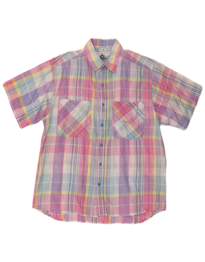 Camicia vintage da uomo a maniche corte in cotone a quadri multicolore medio