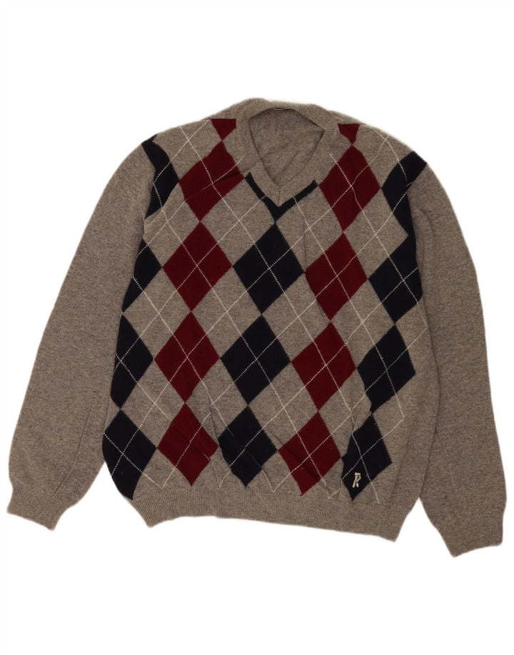 Maglione da uomo con scollo a V Rifle, grande lana grigia a rombi/diamante