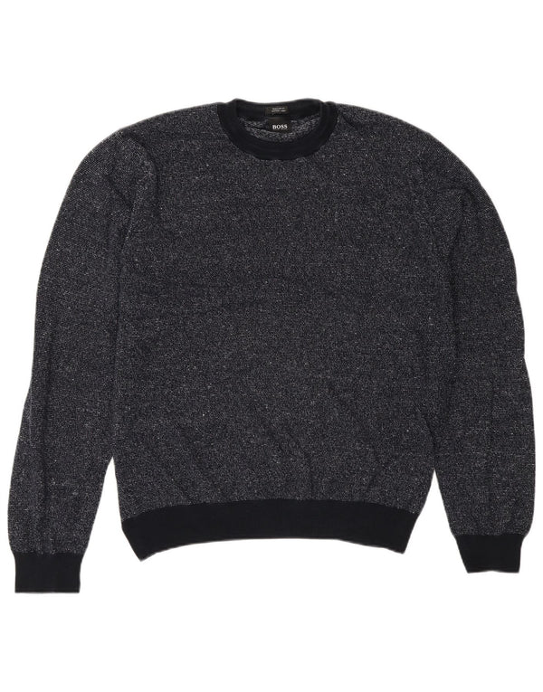 Maglione maglione girocollo da uomo vestibilità ampia Hugo Boss piccolo blu navy screziato
