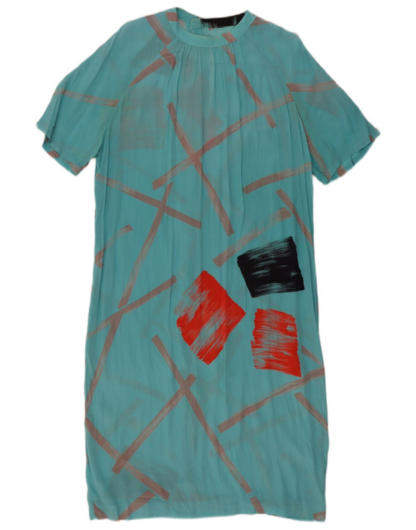 Abito lungo da donna vintage a maniche corte UK 18 XL Turchese geometrico