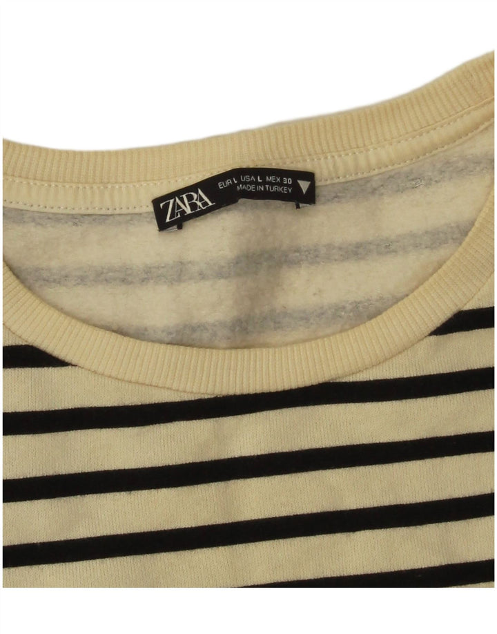 Top corto da donna Zara a maniche lunghe UK 16 grande a righe bianco sporco