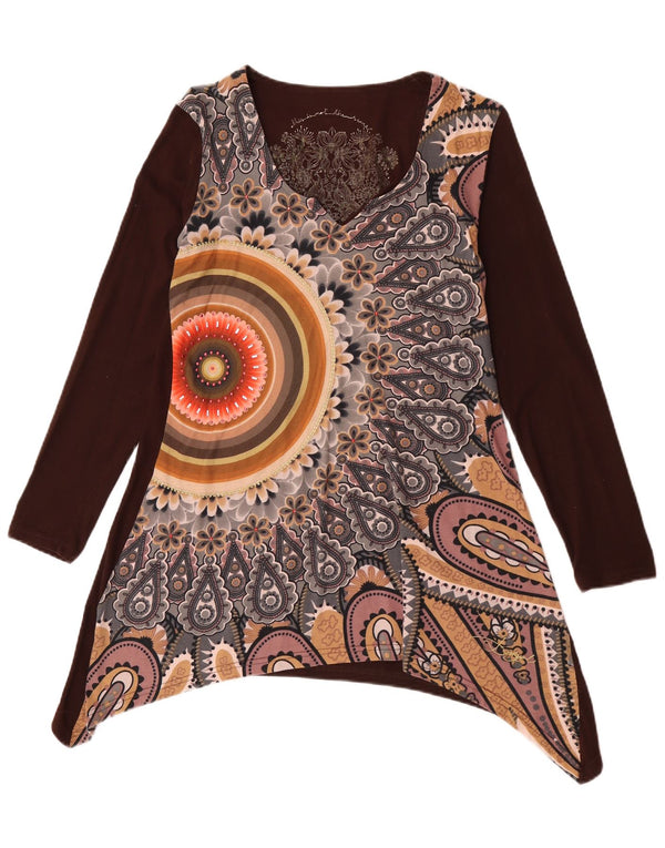 Desigual Donna Tunica asimmetrica a maniche lunghe Top UK 14 Grande Marrone Floreale