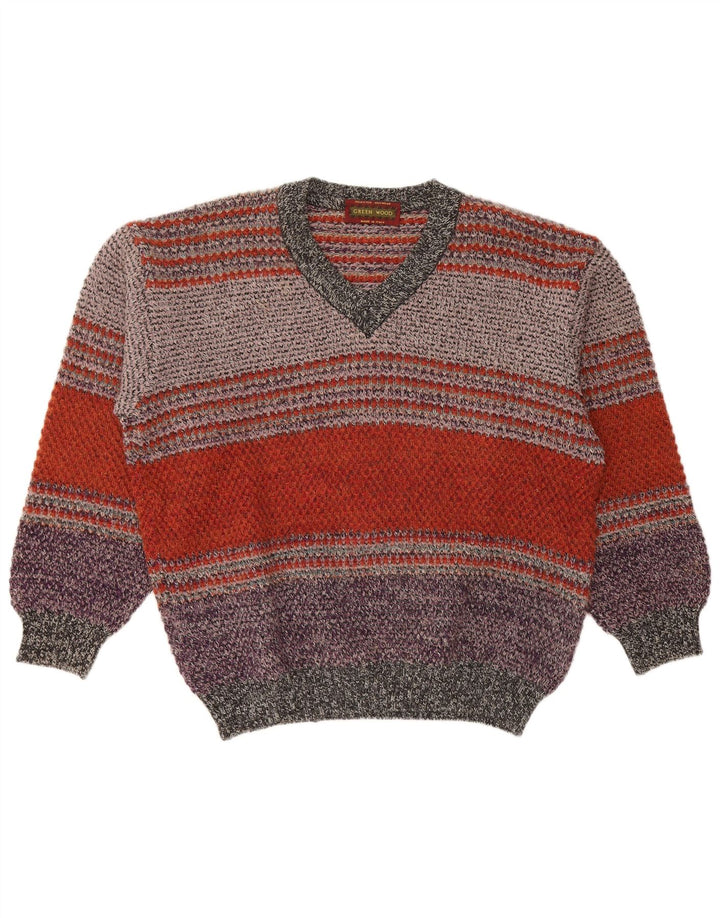 VINTAGE Mens V-Neck Jumper Sweater XL Multicoloured Striped Acrylic