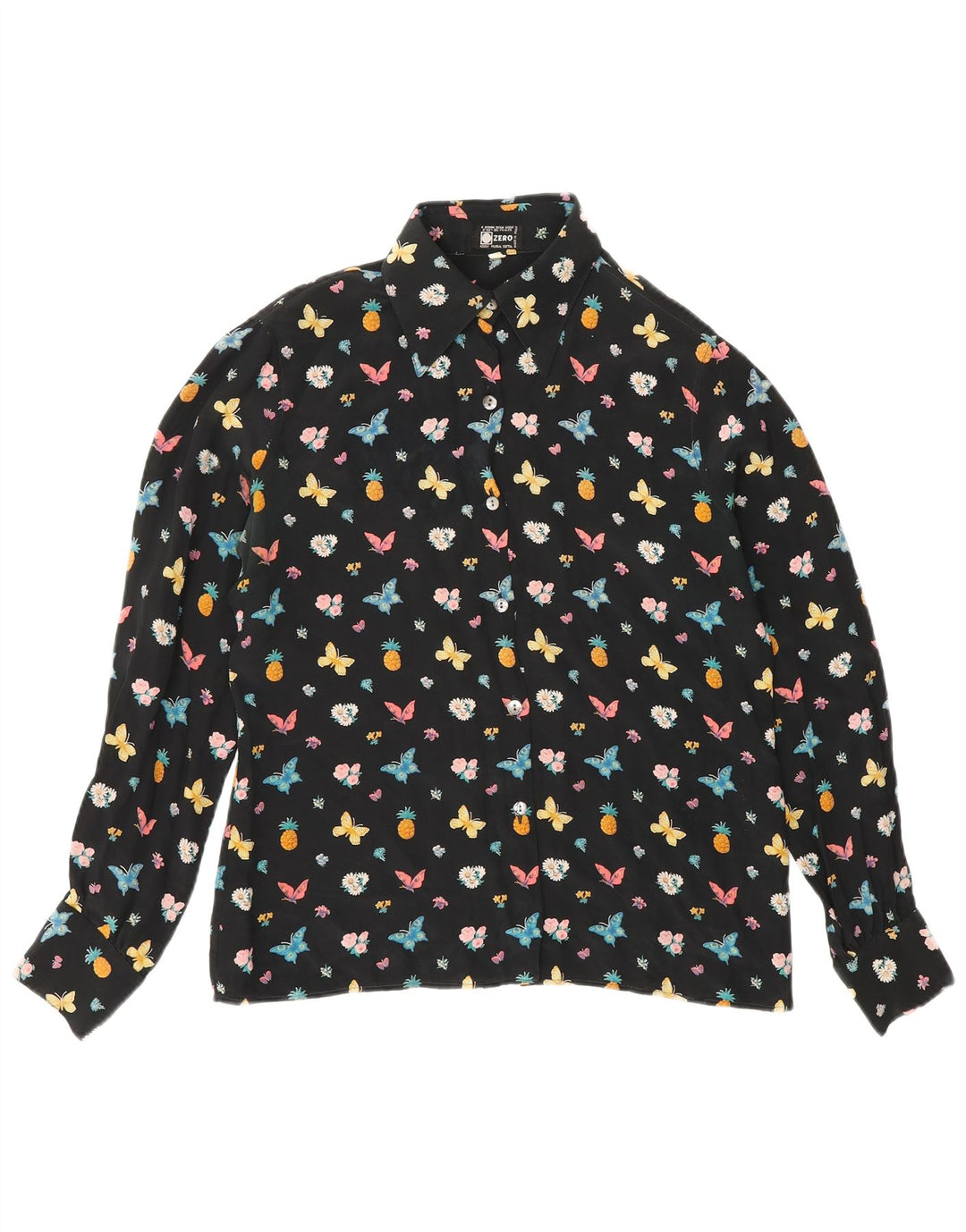 Zero Womens Graphic Shirt Blouse IT 46 Large Black Floral Silk Butterfly
