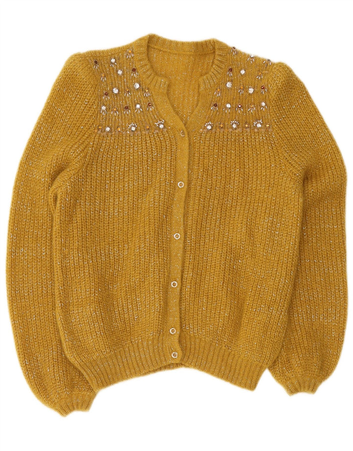 Maglione cardigan da donna vintage UK 12 medio giallo screziato