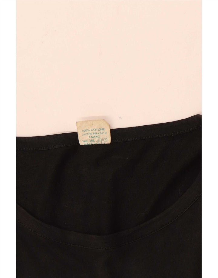 Top grafico da donna vintage manica 3/4 UK 14 cotone nero medio