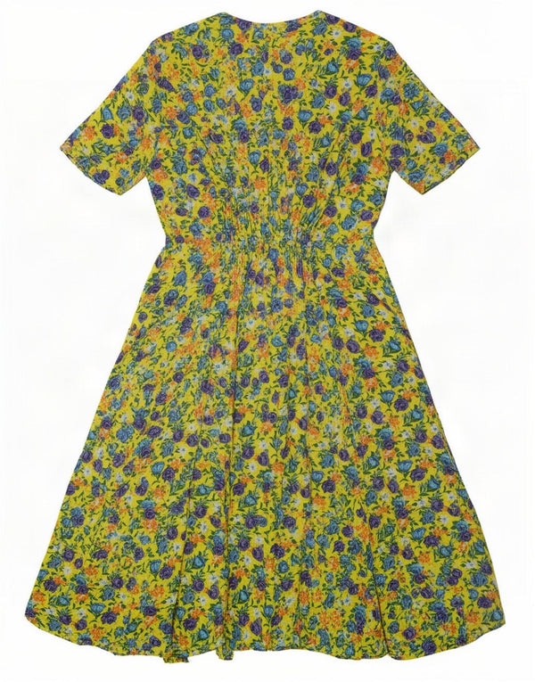 Vintage Womens Regular A-Line Dress UK 12 Medium Yellow Floral Retro
