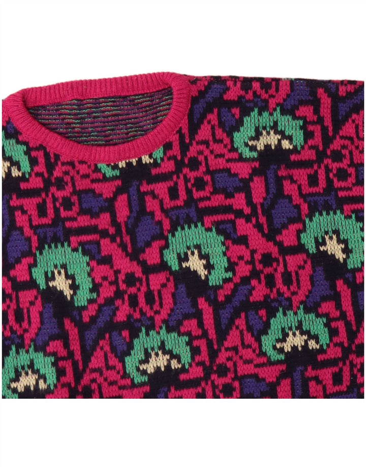 Maglione girocollo da donna VINTAGE con motivo astratto girocollo UK 16 grande rosa