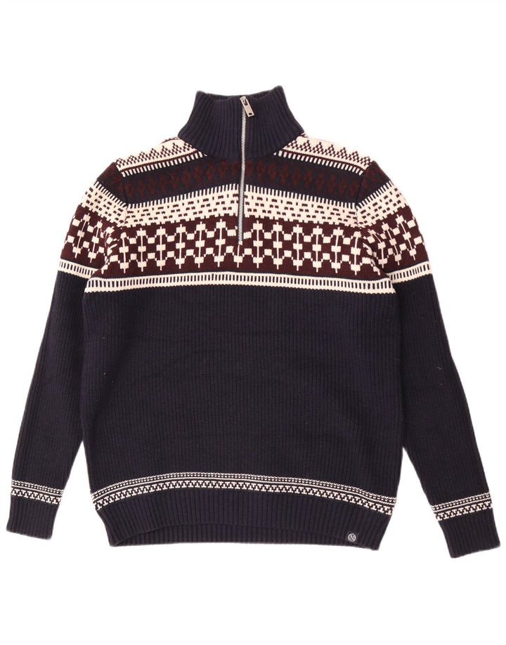 Maglione da uomo Marks & Spencer con zip sul collo, grande, blu navy, Fair Isle