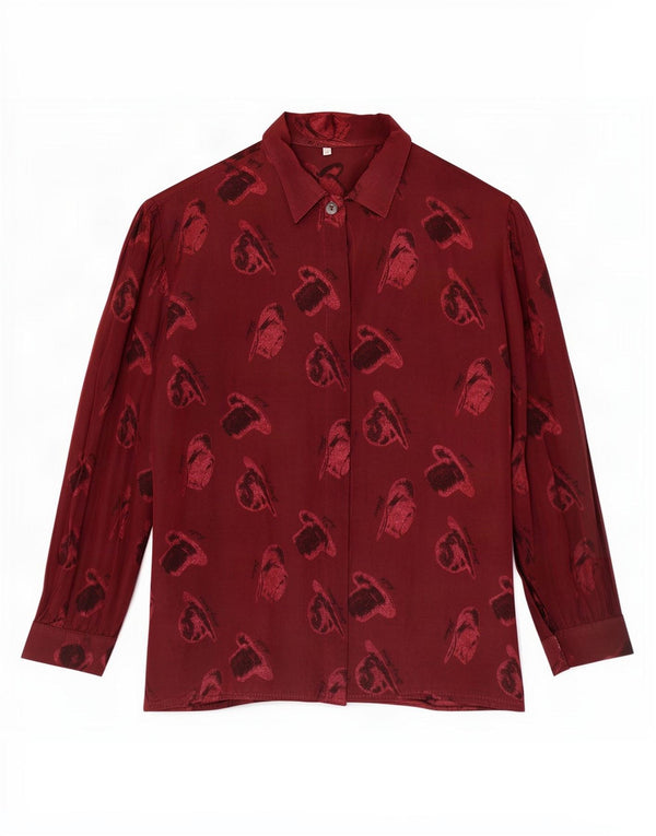 Camicetta camicia vintage da donna con motivo astratto UK 14 Viscosa bordeaux media