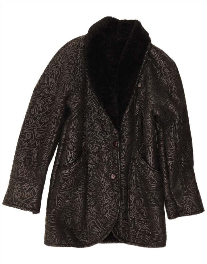 Cappotto in shearling vintage da donna con motivo astratto UK 14 medio nero