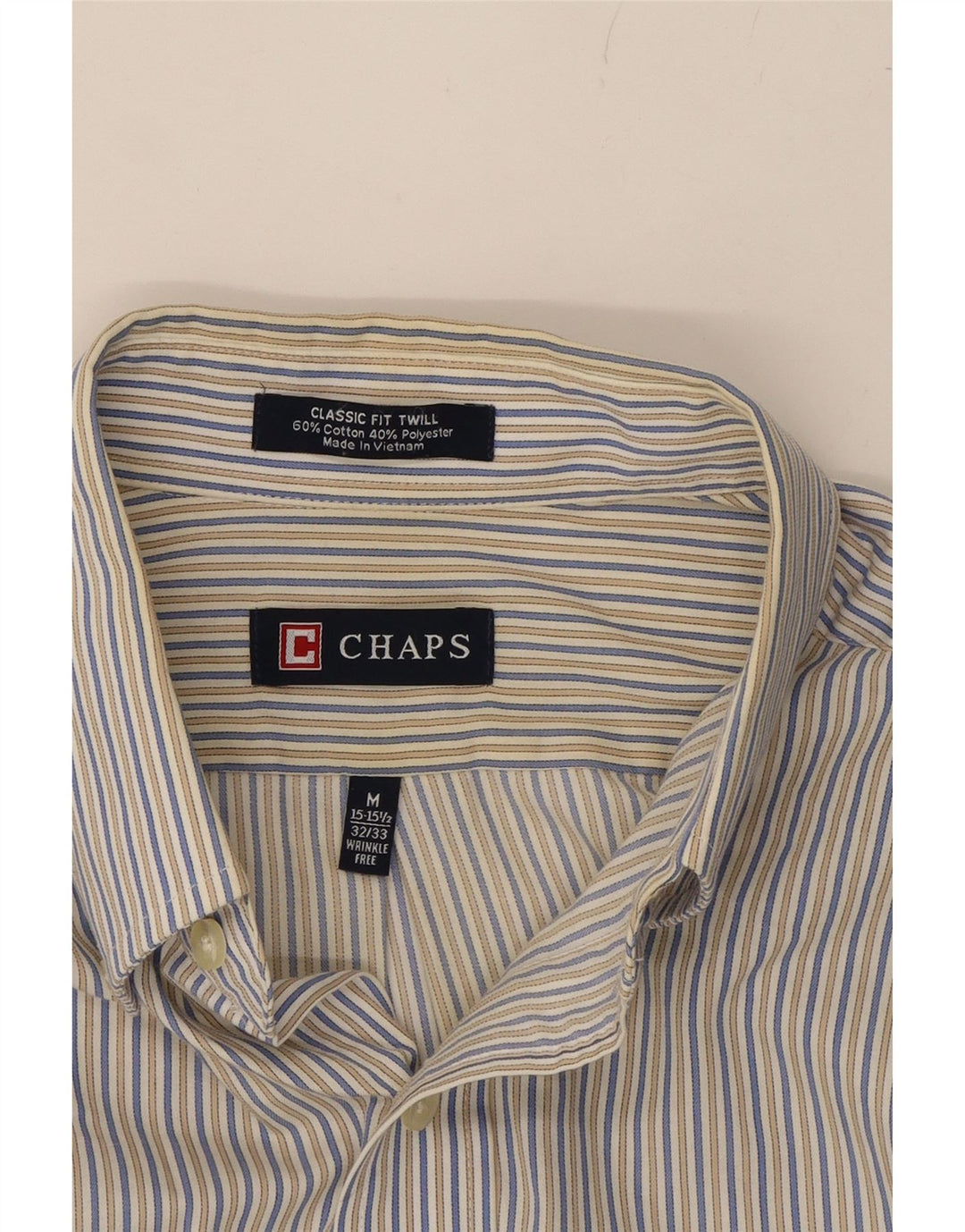 CHAPS Mens Classic Fit Shirt Size151/2 Medium Beige Striped Cotton Vintage Chaps and Second-Hand Chaps from Messina Hembry 