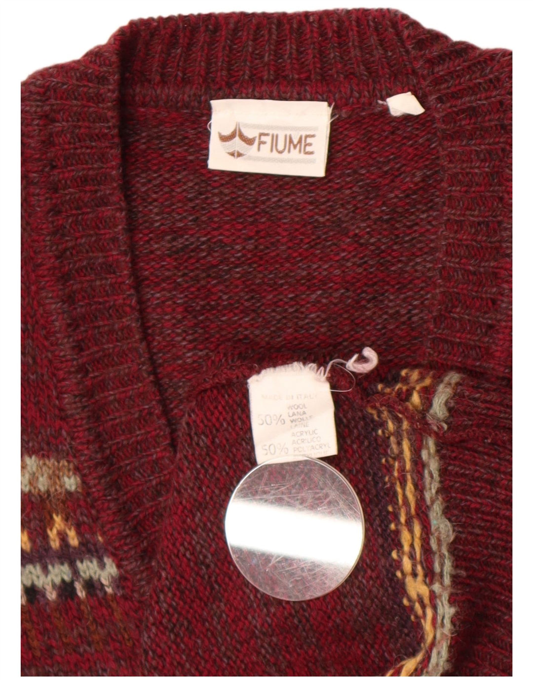 Maglione da uomo con scollo a V Fiume Grande lana Fair Isle bordeaux