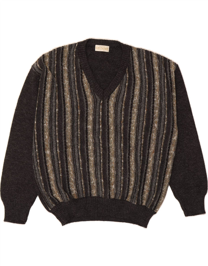 GIEMME Mens V-Neck Jumper Sweater XL Grey Striped Acrylic Vintage Giemme and Second-Hand Giemme from Messina Hembry 