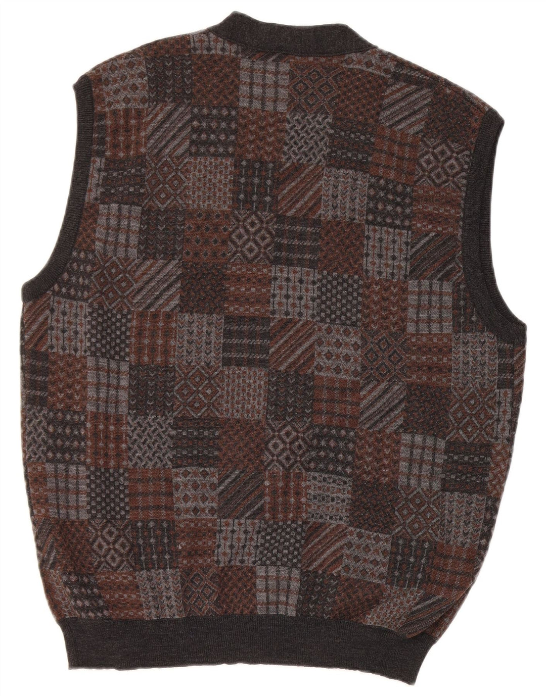 Maglione cardigan senza maniche vintage da uomo in lana vergine geometrica grigio medio