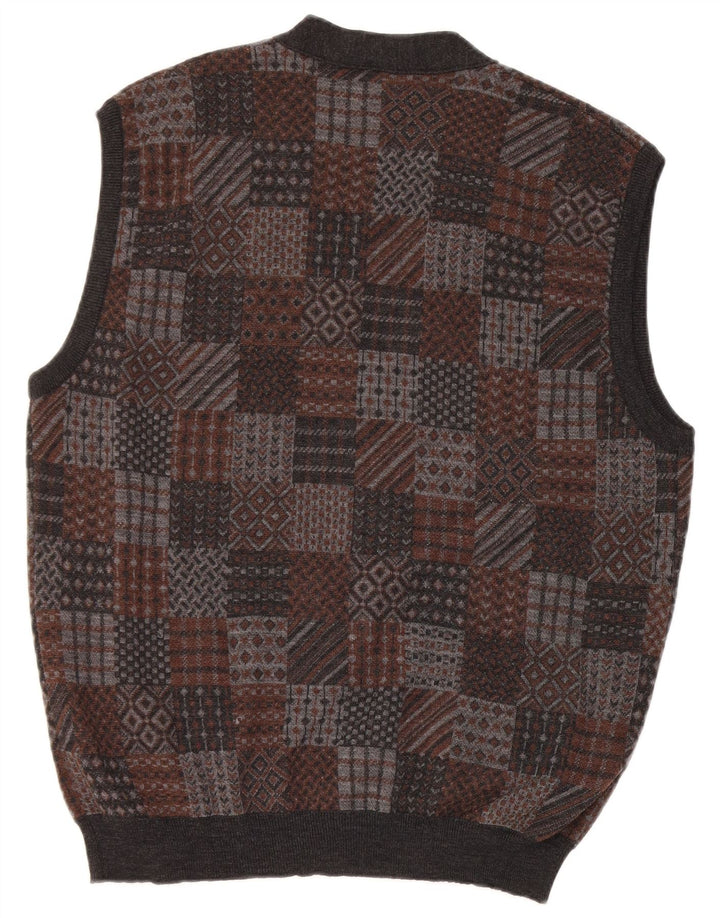 Maglione cardigan senza maniche vintage da uomo in lana vergine geometrica grigio medio
