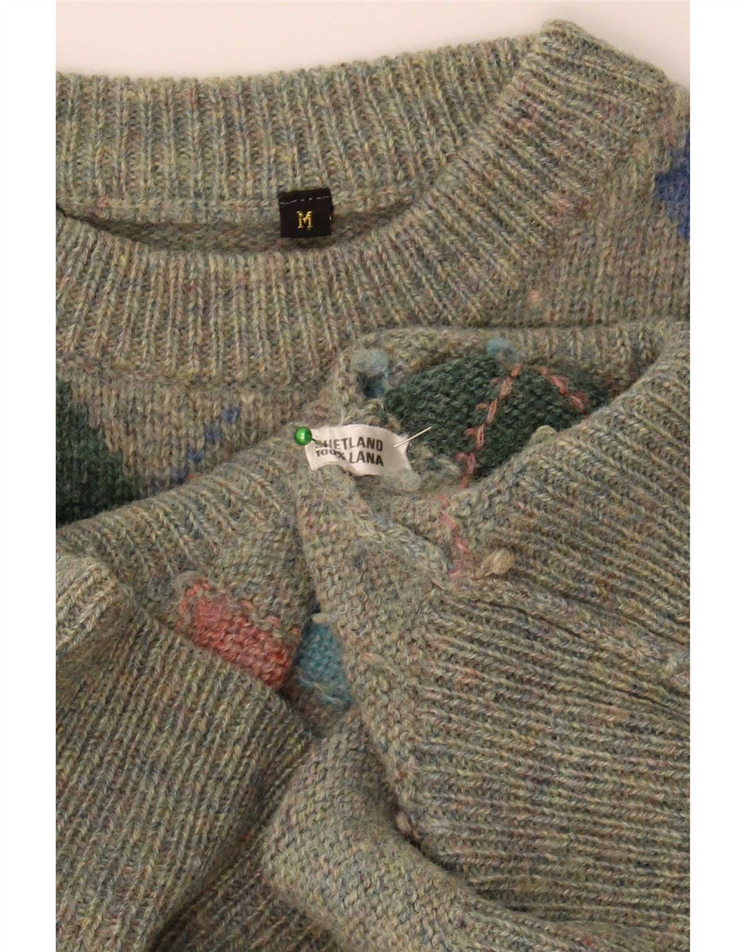 Maglione girocollo da uomo vintage in lana a rombi/diamante verde medio