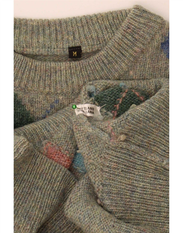Maglione girocollo da uomo vintage in lana a rombi/diamante verde medio