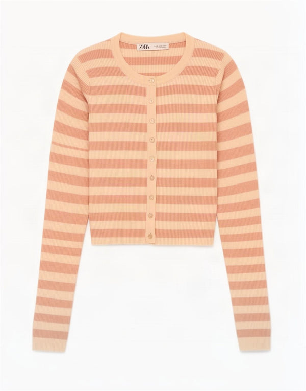 Top cardigan corto da donna Zara UK 12 Nylon a righe beige medio