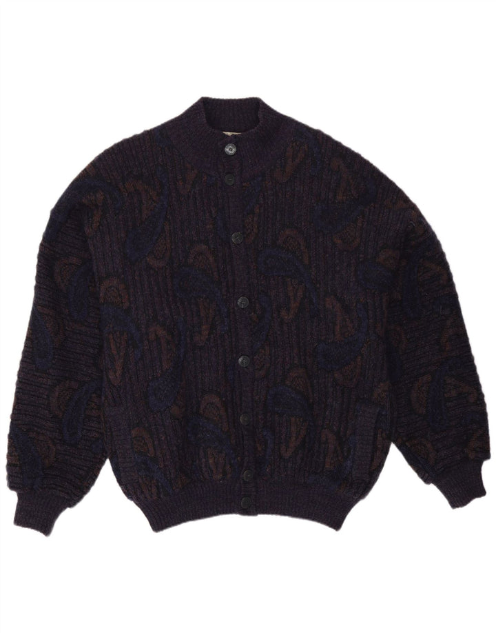Maglione cardigan da uomo vintage IT 52 grande lana Paisley blu navy