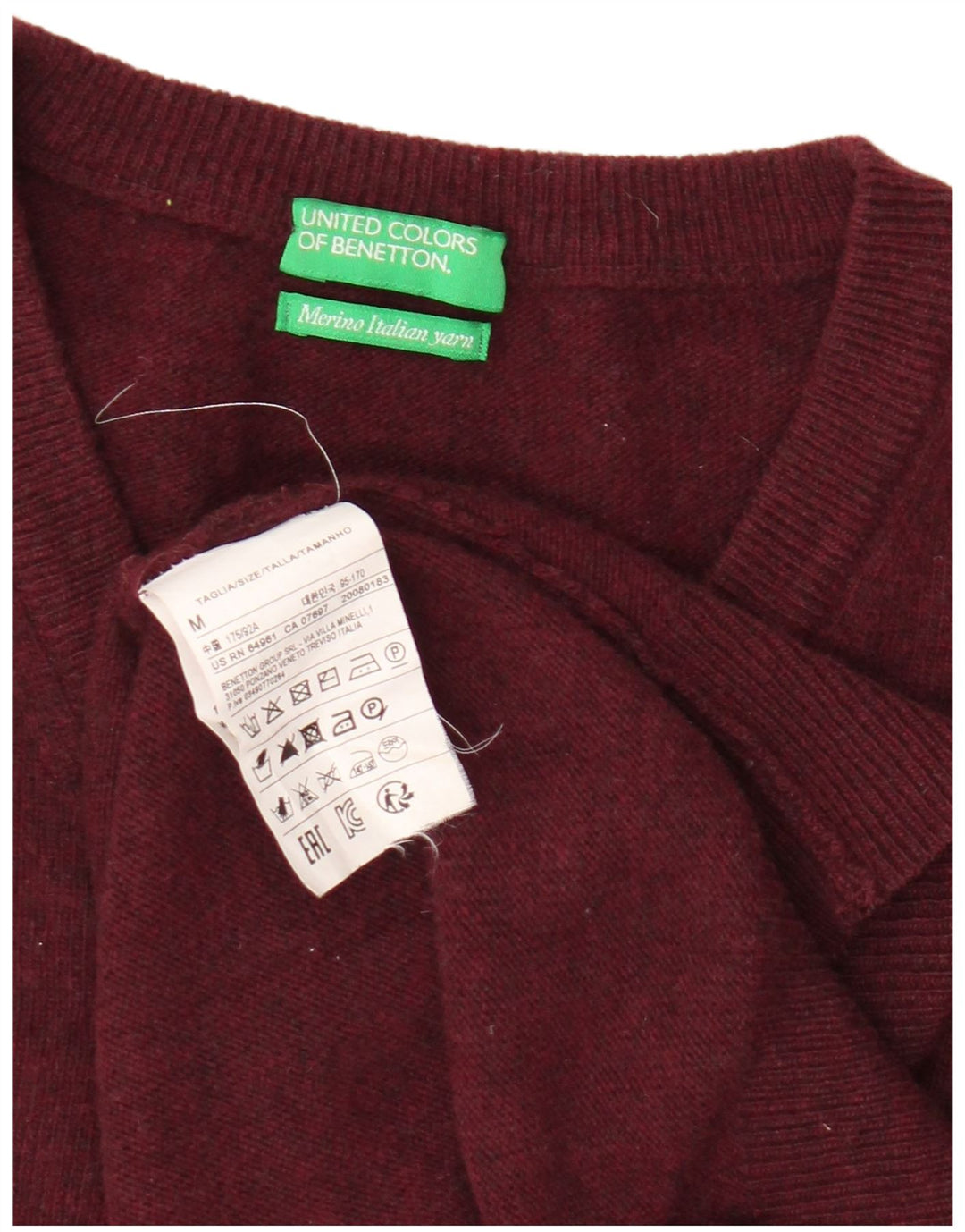 Maglione da uomo con scollo a V Benetton in lana vergine bordeaux medio
