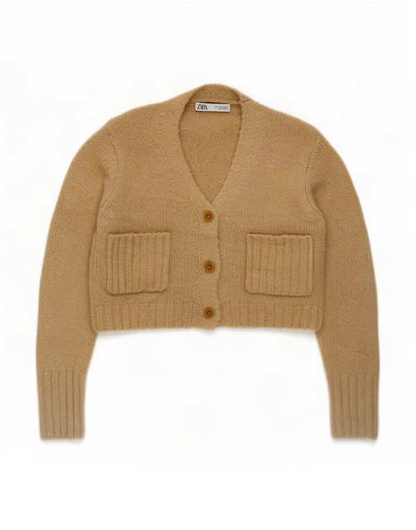 Maglione cardigan corto da donna Zara UK 10 piccolo poliestere beige