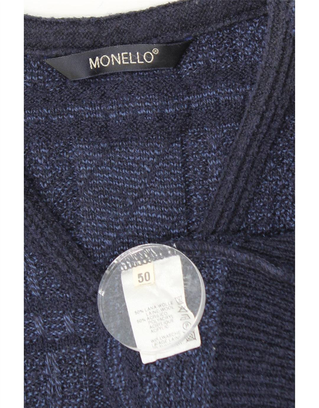 MONELLO Mens V-Neck Jumper Sweater IT 50 Medium Navy Blue Geometric Wool