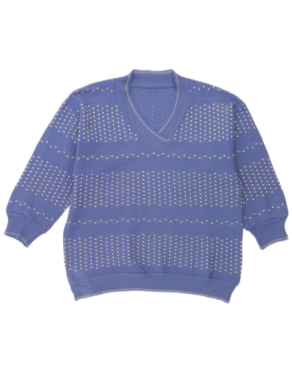 Maglione vintage da donna con scollo a V UK 14 a righe grandi blu