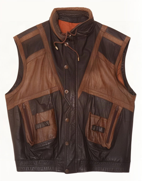 Gilet in pelle vintage da uomo IT 56 3XL Colorblock marrone