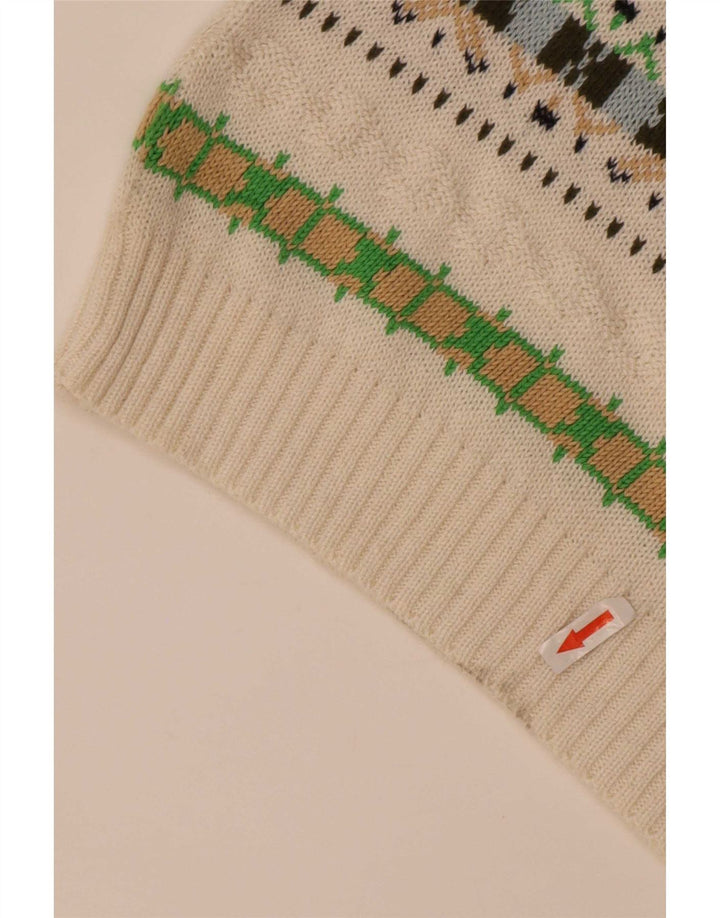 Maglione vintage da uomo con scollo a V in cotone geometrico bianco medio