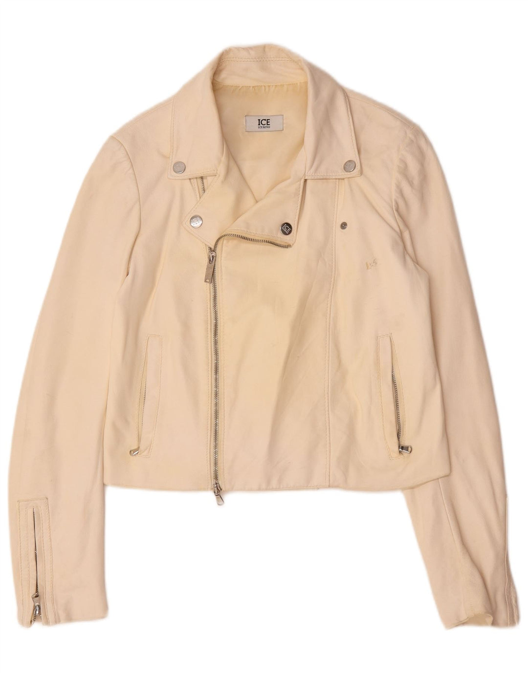 Giacca da motociclista in pelle da donna Iceberg UK 14 Pelle media bianco sporco