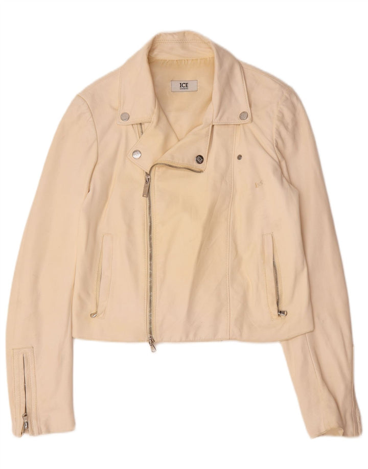 Giacca da motociclista in pelle da donna Iceberg UK 14 Pelle media bianco sporco