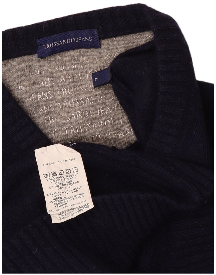 Maglione Trussardi Jeans Uomo con Scollo a V Grande in Lana Blu Navy