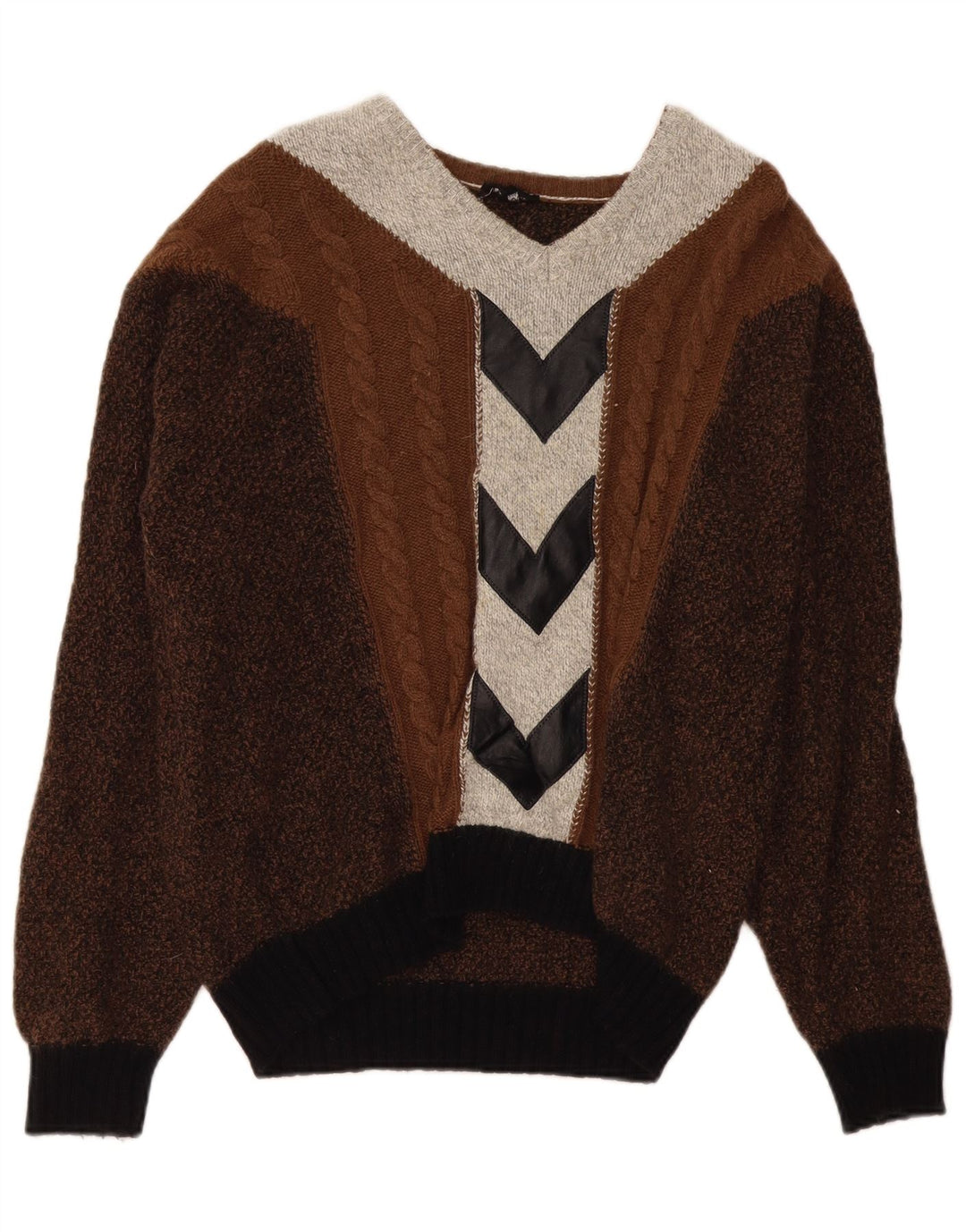 VINTAGE Maglione da uomo con scollo a V grande blocco di colore marrone