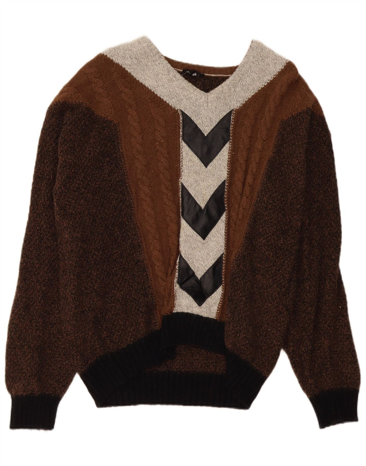 VINTAGE Maglione da uomo con scollo a V grande blocco di colore marrone