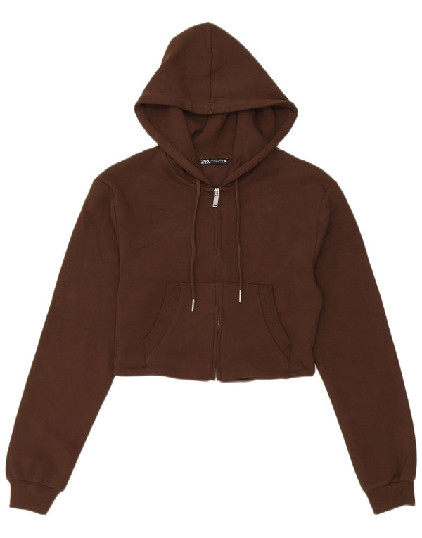 Maglione corto con cappuccio e zip da donna Zara UK 12 Cotone marrone medio