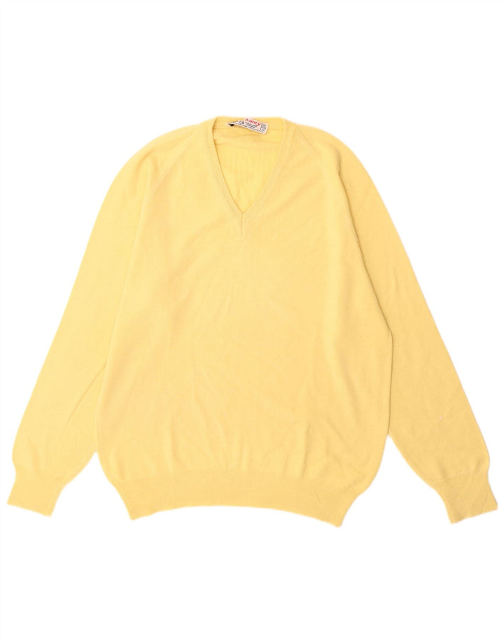 Maglione vintage da uomo con scollo a V, grande, in lana vergine gialla