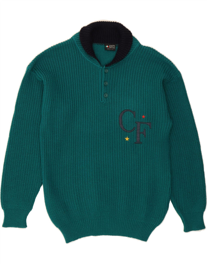VINTAGE Mens Graphic Shawl Neck Jumper Sweater Medium Green Wool Vintage Vintage and Second-Hand Vintage from Messina Hembry 
