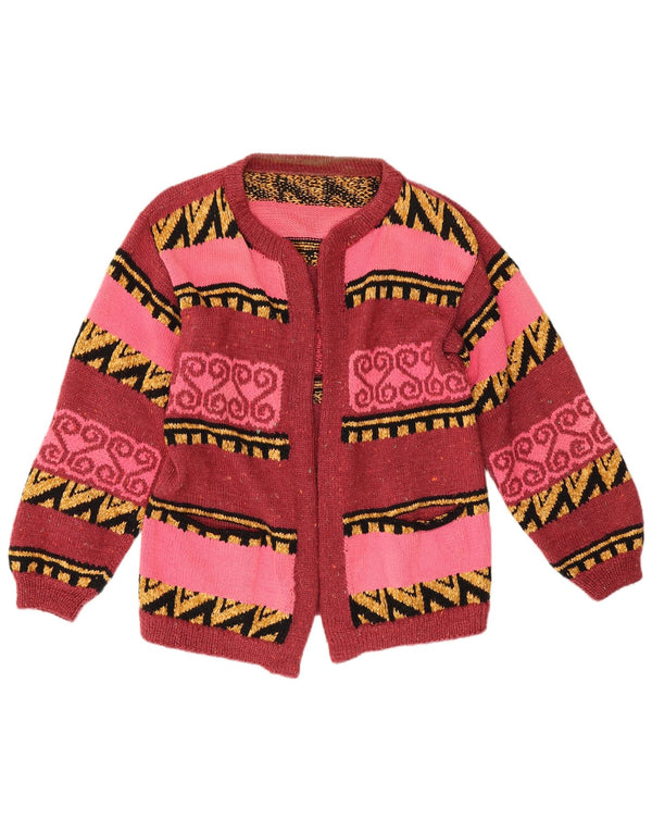 Maglione cardigan aperto da donna vintage UK 12 rosso medio geometrico