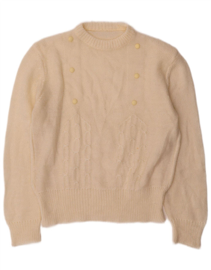 Maglione maglione girocollo da donna vintage UK 12 medio bianco sporco