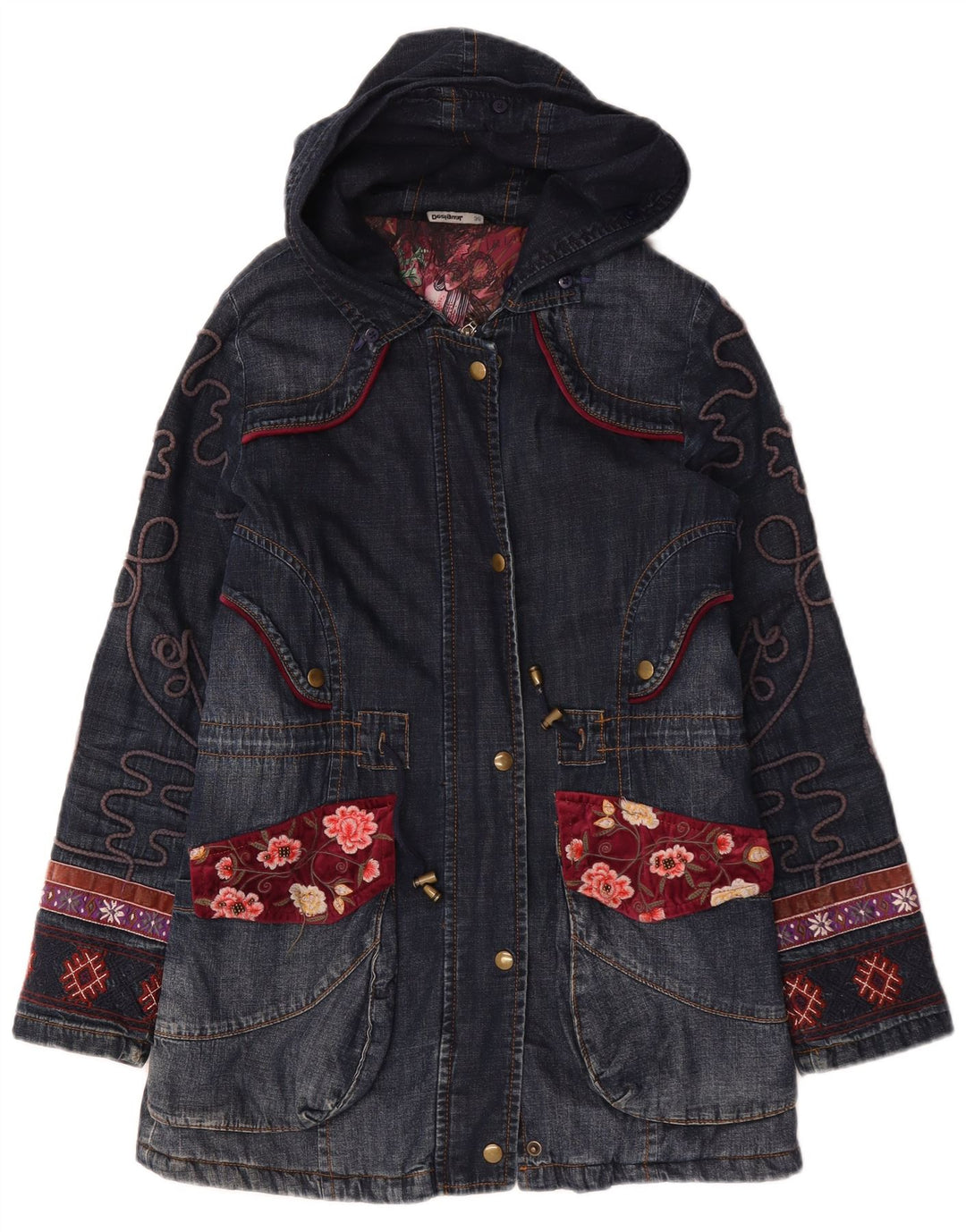 Desigual Cappotto in denim grafico oversize da donna EU 36 Piccolo blu navy floreale