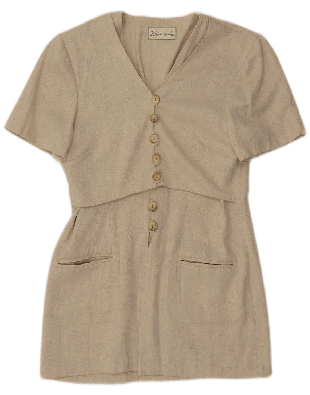 Giacca blazer lunga da donna vintage a maniche corte UK 8 piccola classica beige