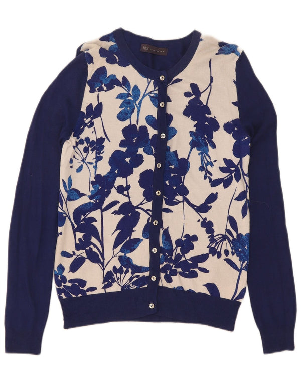 Maglione cardigan da donna Marks & Spencer UK 8 piccolo viscosa floreale blu navy