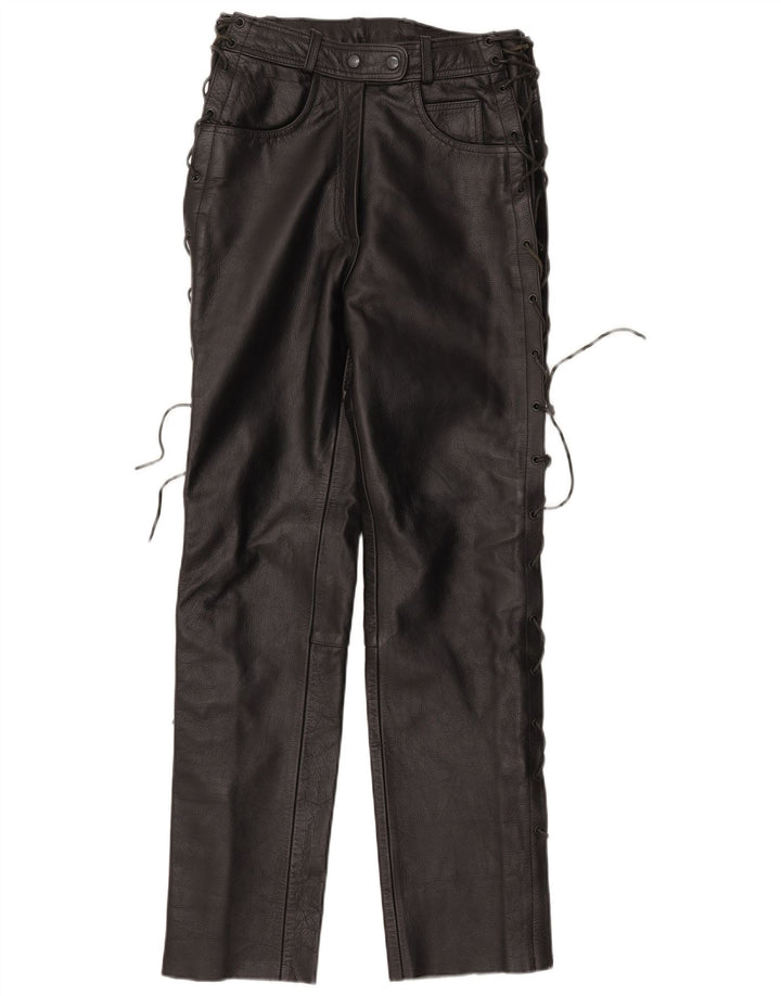 Pantaloni dritti in pelle da donna vintage IT 42 medi W30 L32 in pelle nera