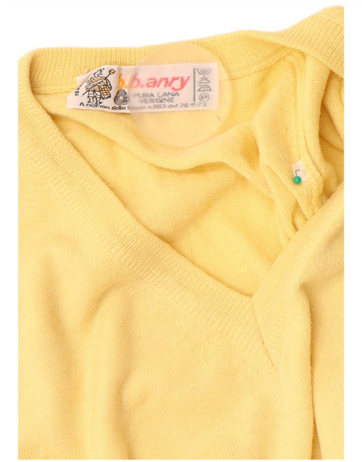 Maglione vintage da uomo con scollo a V, grande, in lana vergine gialla
