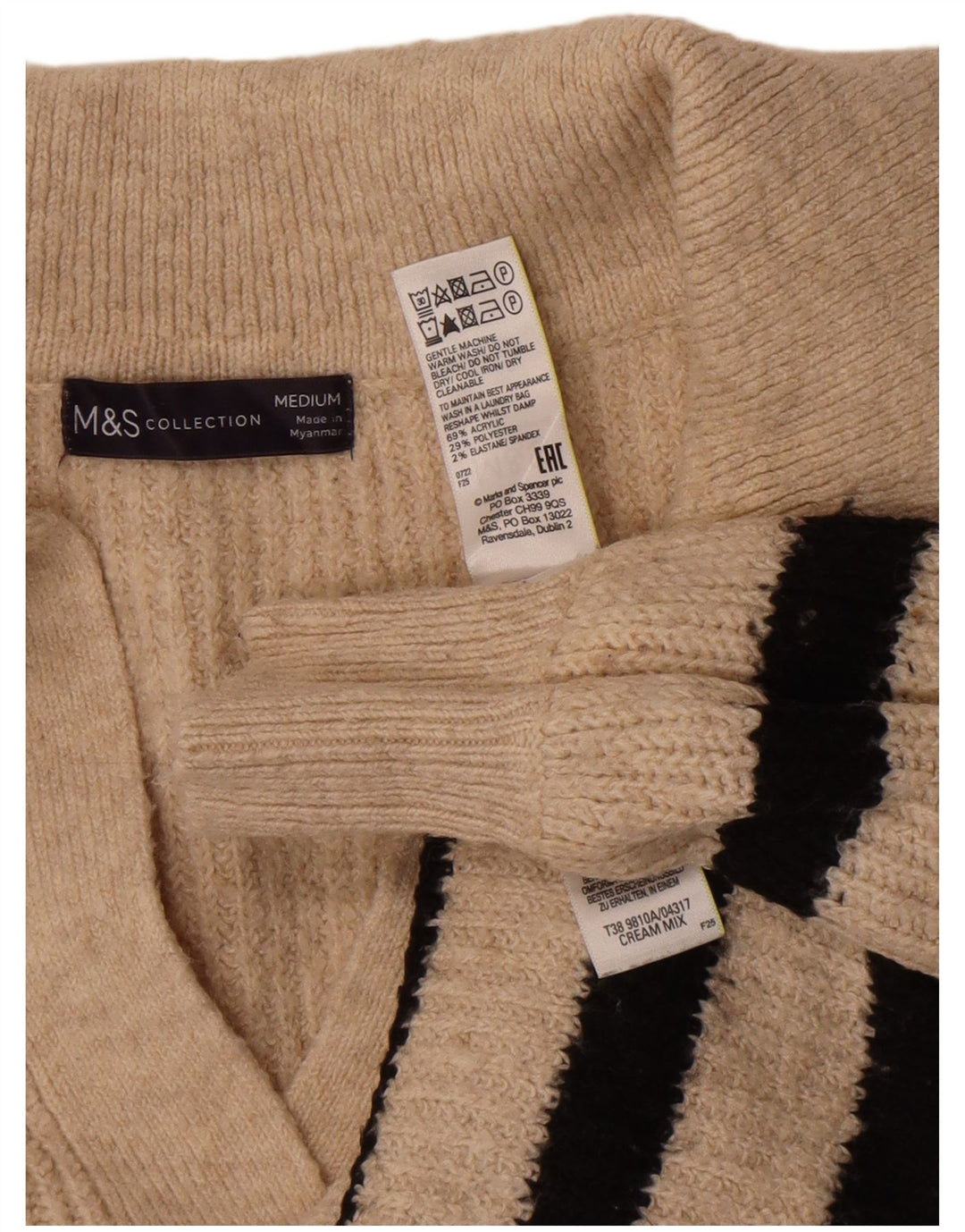 Maglione da donna Marks & Spencer con collo alto UK 14 a righe beige medio