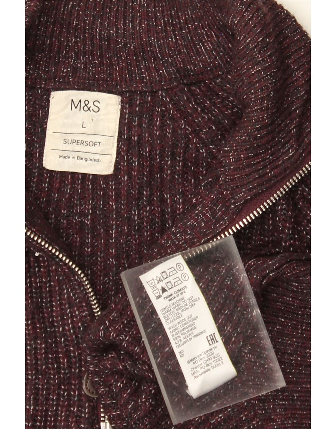 Maglione da uomo Marks & Spencer con zip e collo grande chiazzato bordeaux